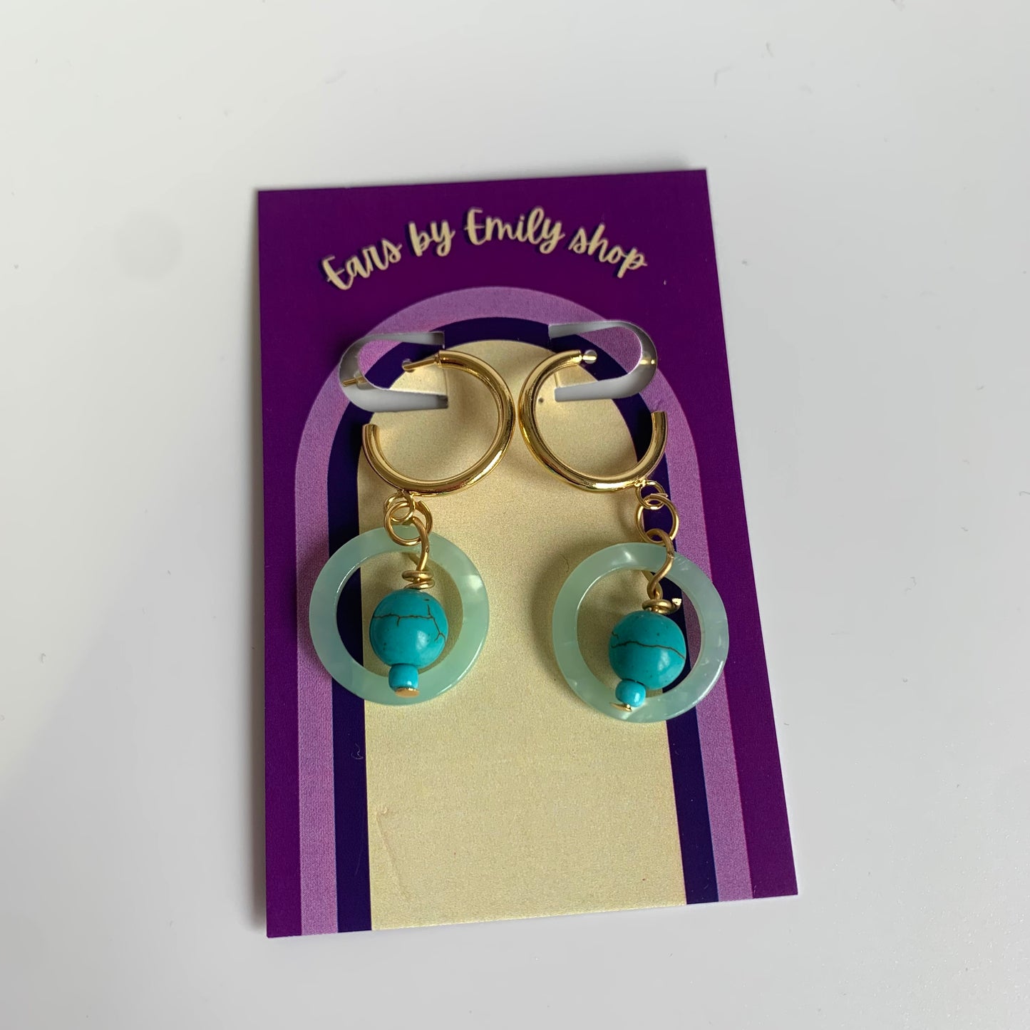 Cool gold handmade blue circle and bead studs hoop earrings