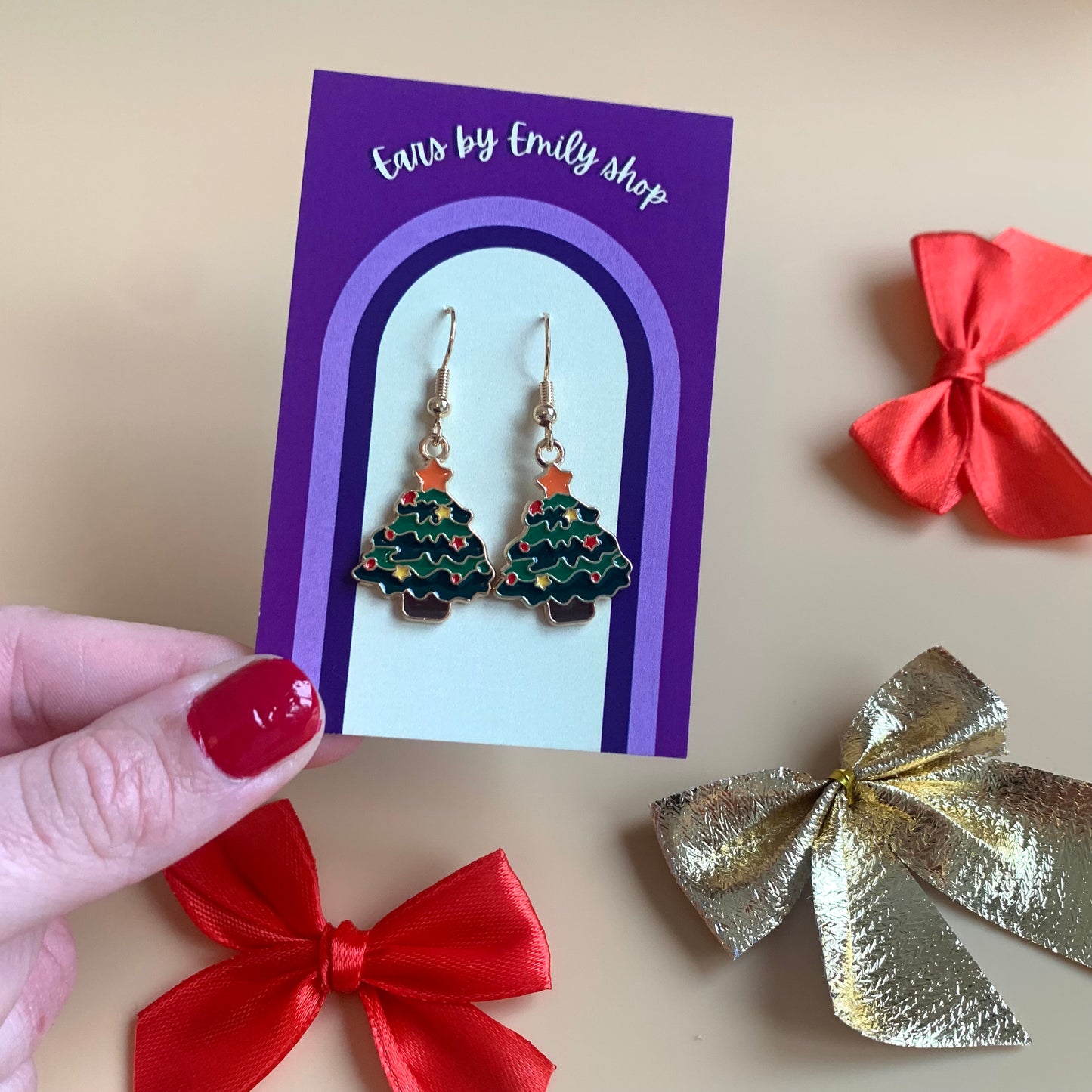 Green Christmas Tree gold earrings