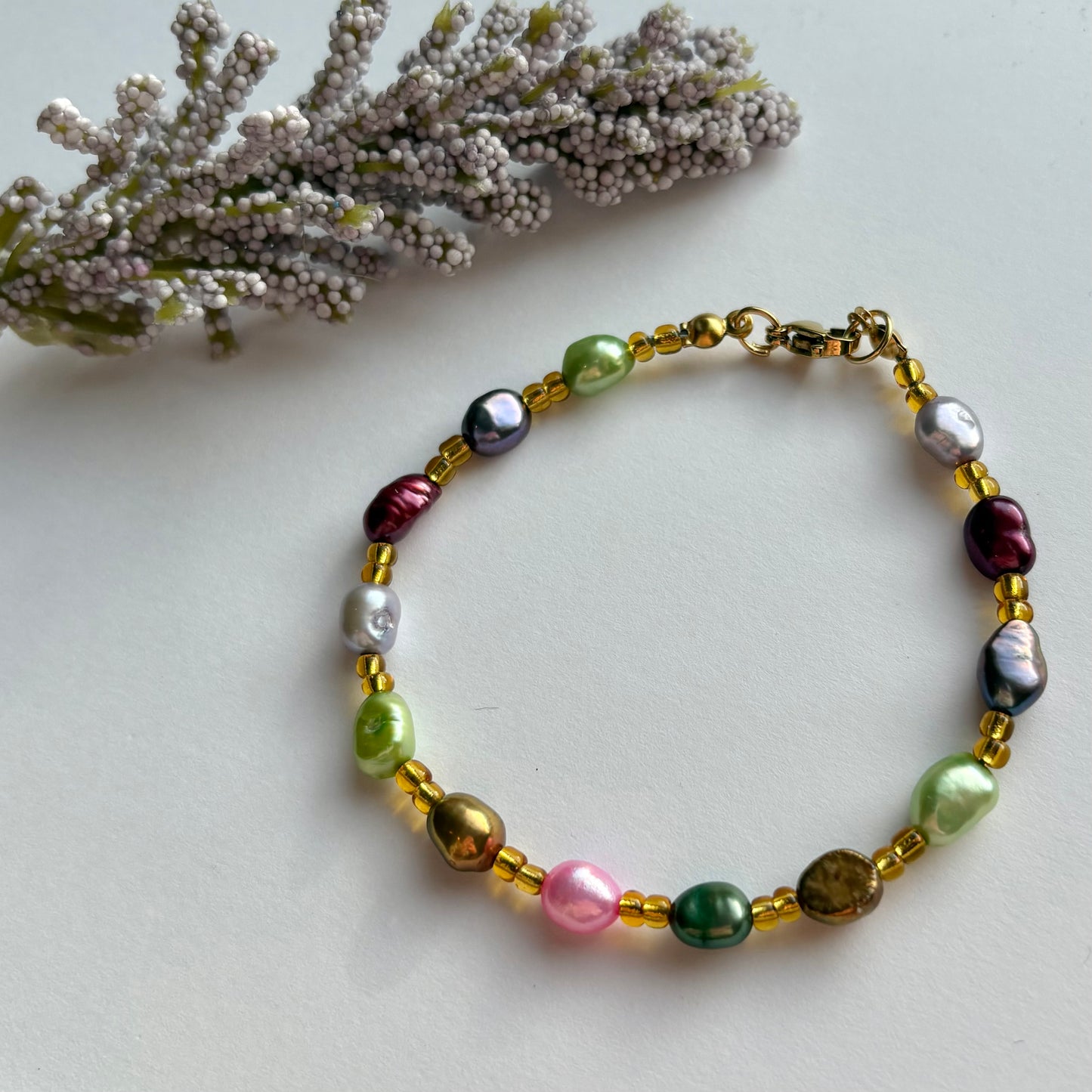 The Nerida bracelet - colourful fresh water pearls handmade beaded gold plated