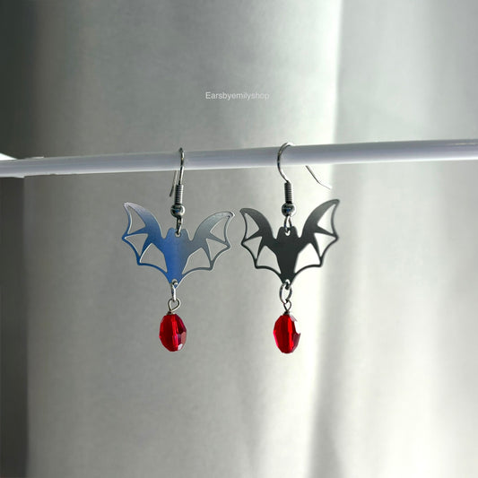 Stainless steel bat with red bead hypoallergenic earrings