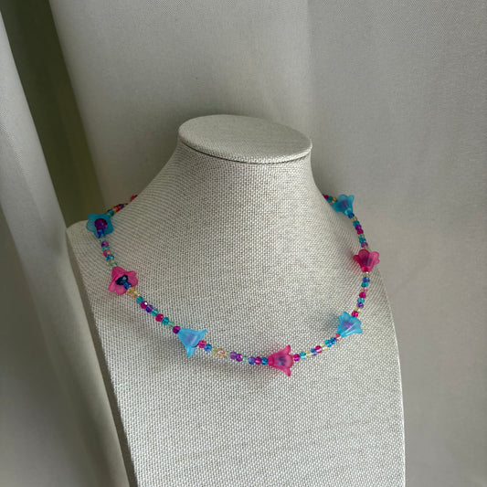 Handmade beaded pink and blue flower choker necklace