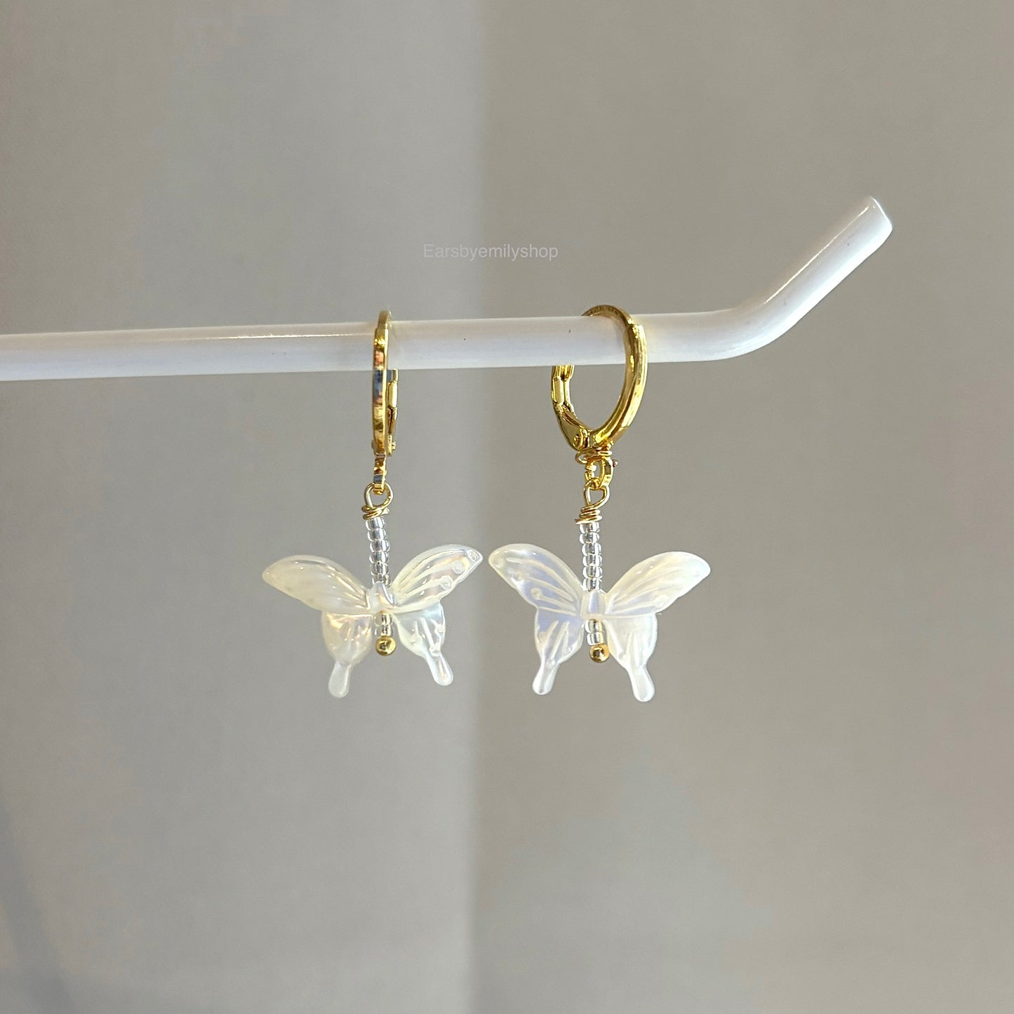 Mother of pearl beaded butterfly drop dangle gold plated huggie hoop earrings