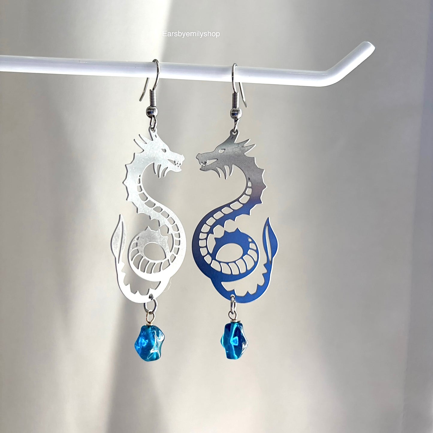 Stainless steel fantasy dragon dangle earrings with colourful bead