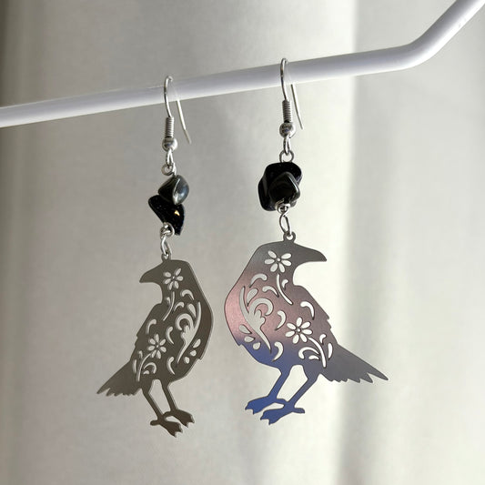 Stainless steel silver floral crow dangle hypoallergenic earrings with black crystals