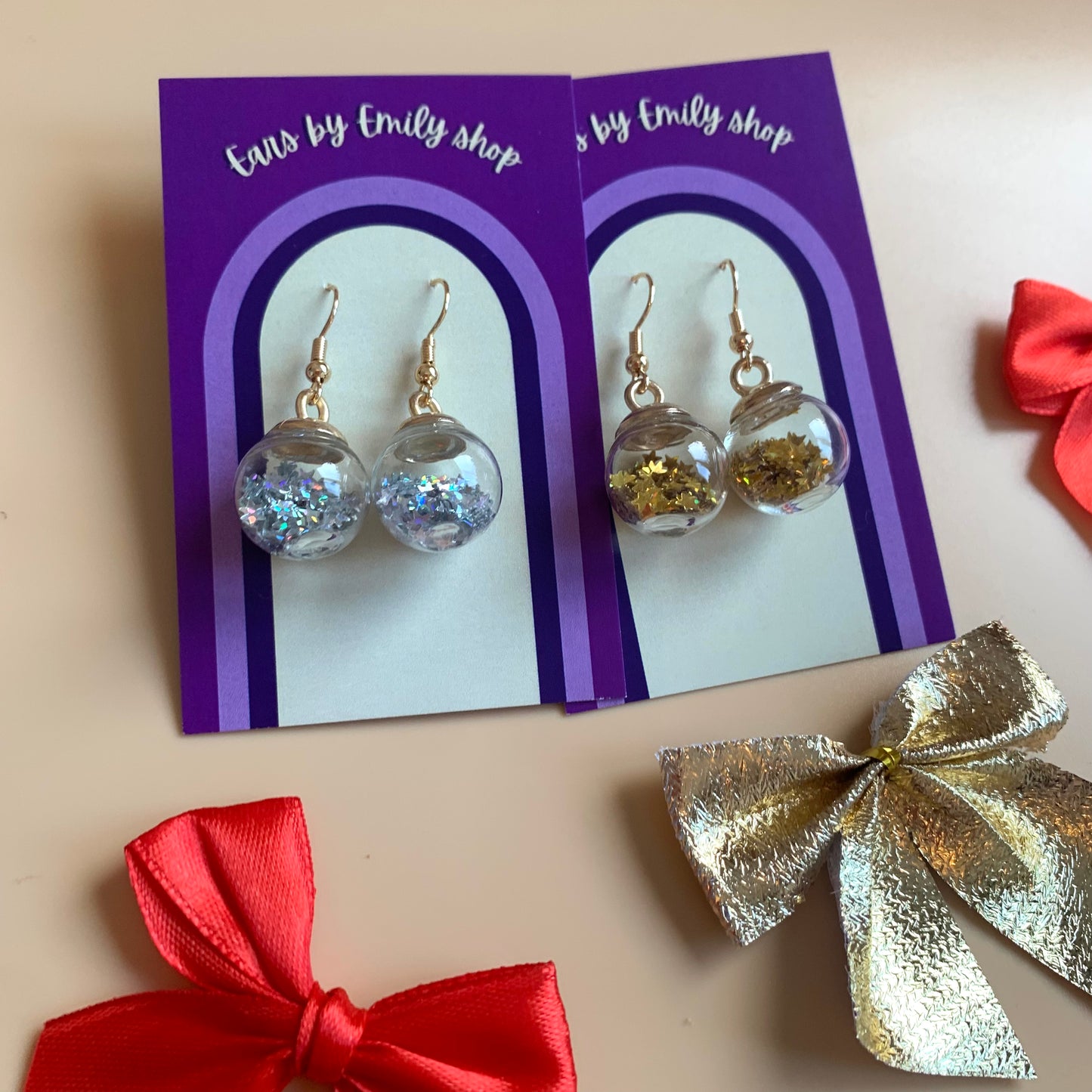 Festive gold or silver confetti bauble earrings