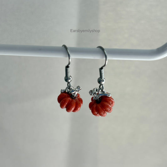 Small silver orange pumpkin dangle Halloween earrings