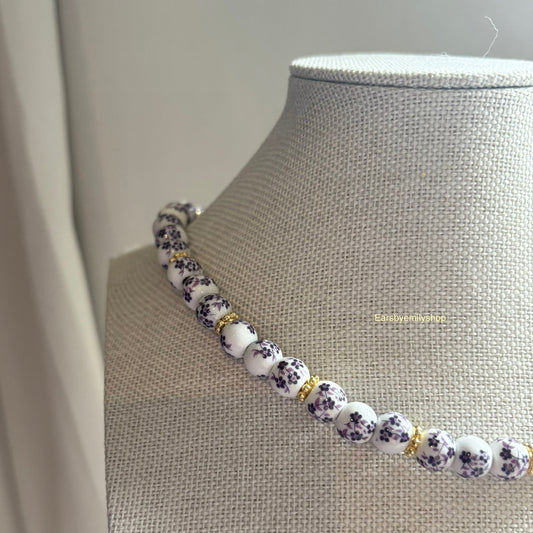 Purple and white ceramic beaded 24kt gold plated necklace