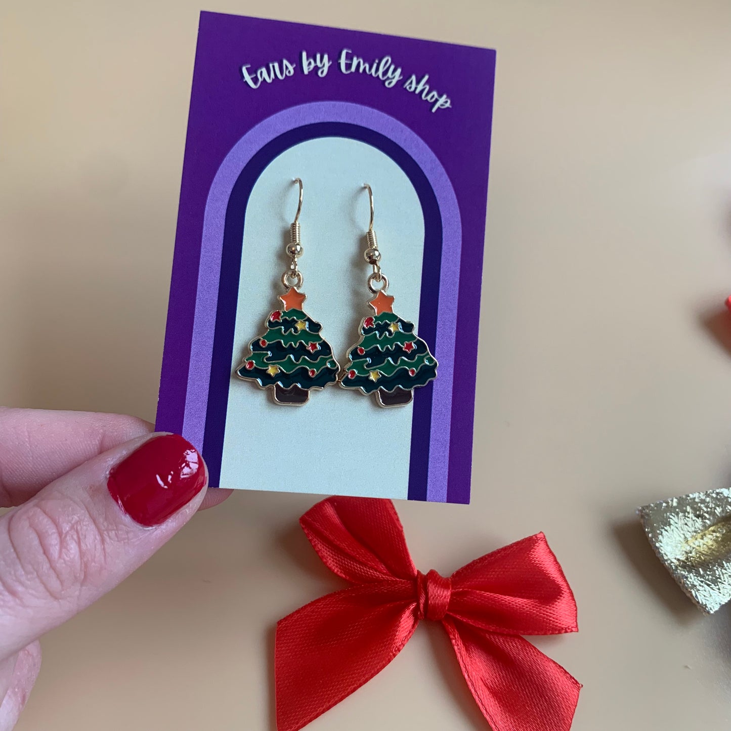 Green Christmas Tree gold earrings