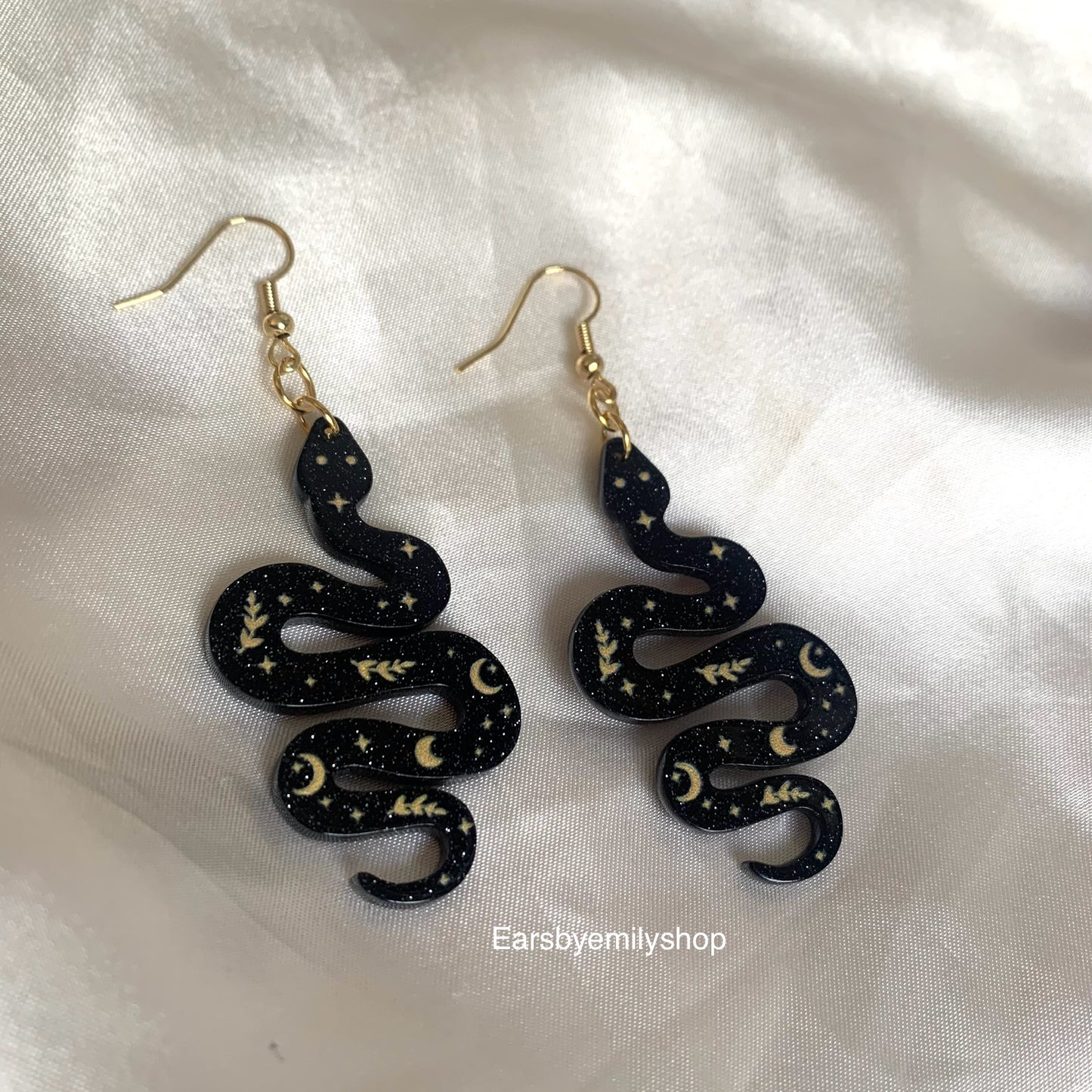 Black sparkle glitter snake earrings gold plated