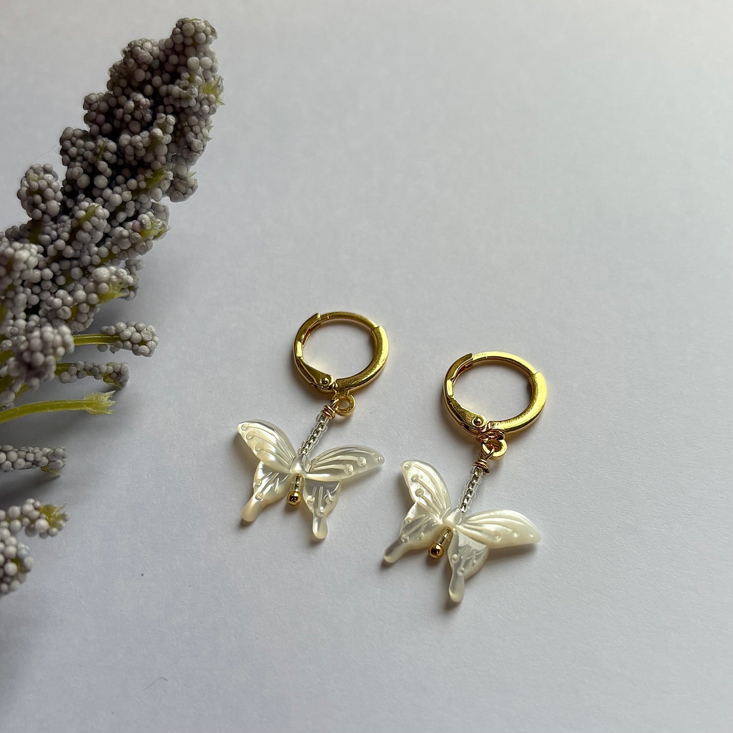 Mother of pearl beaded butterfly drop dangle gold plated huggie hoop earrings
