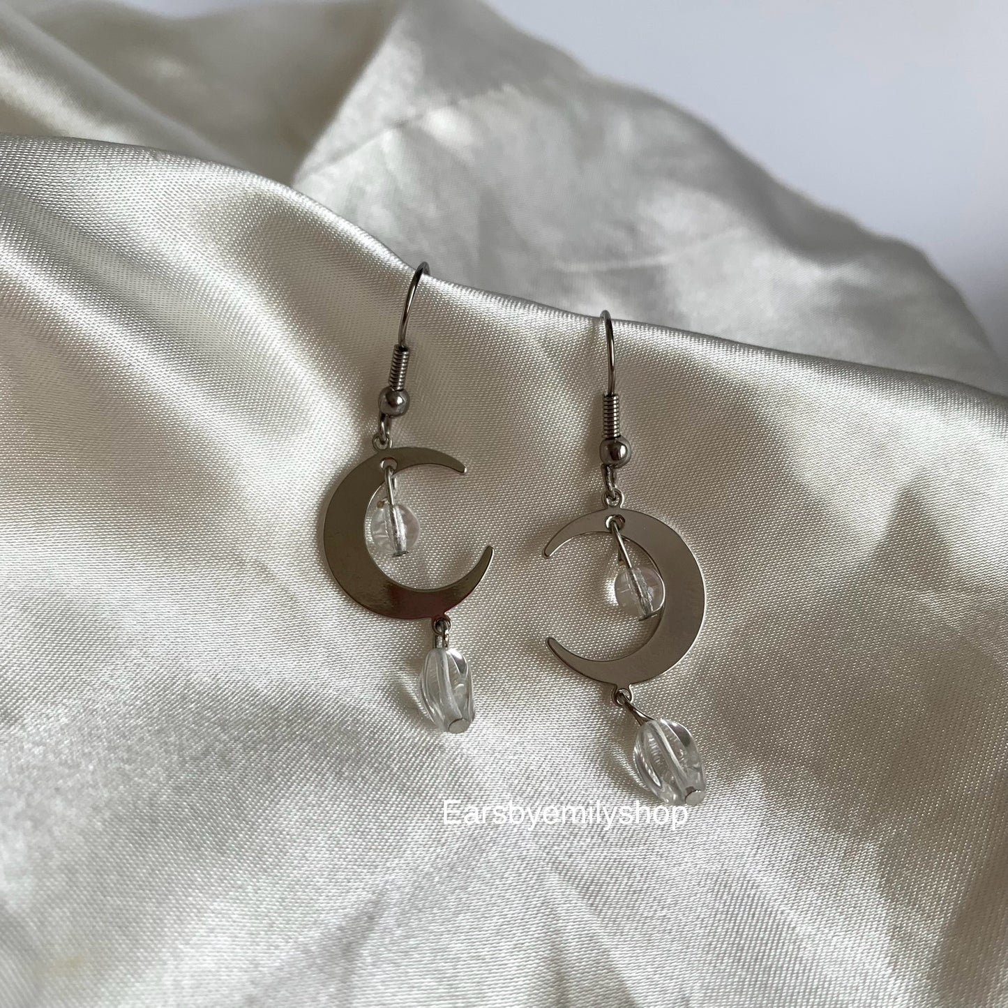 Cool silver moon with clear glass bead dangle hypoallergenic earrings