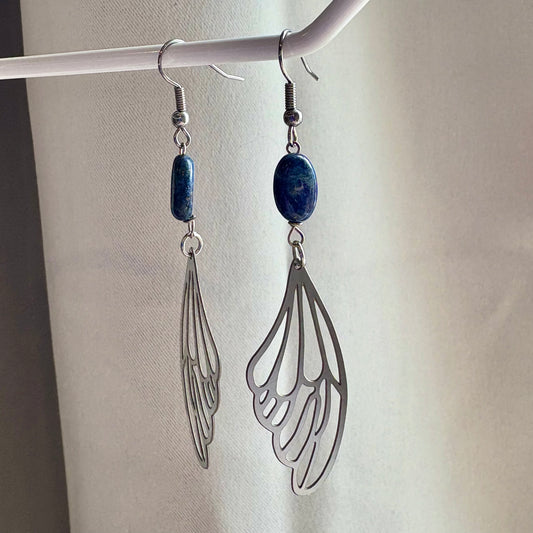 Stainless steel fairy butterfly wing dangle earrings with blue lapis lazuli oval crystals