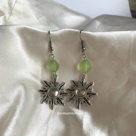 Cool silver sun with green bead statement dangle hypoallergenic earrings