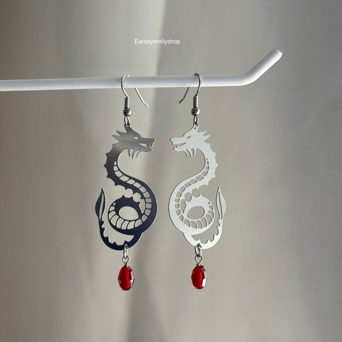 Stainless steel fantasy dragon dangle earrings with colourful bead