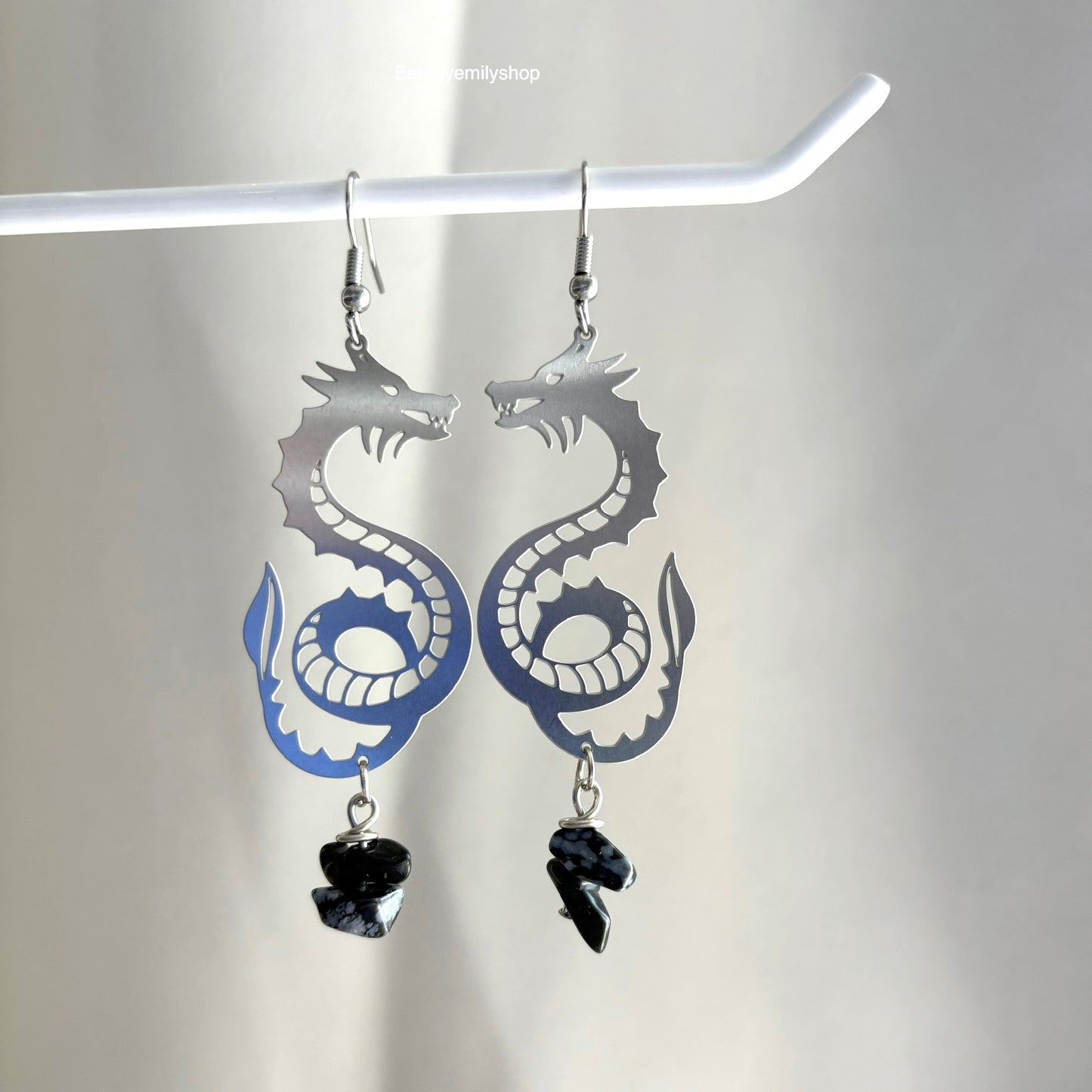 Stainless steel fantasy dragon dangle earrings with colourful bead