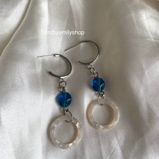 Cool silver handmade mint white circle and blue bead studs hoop earrings