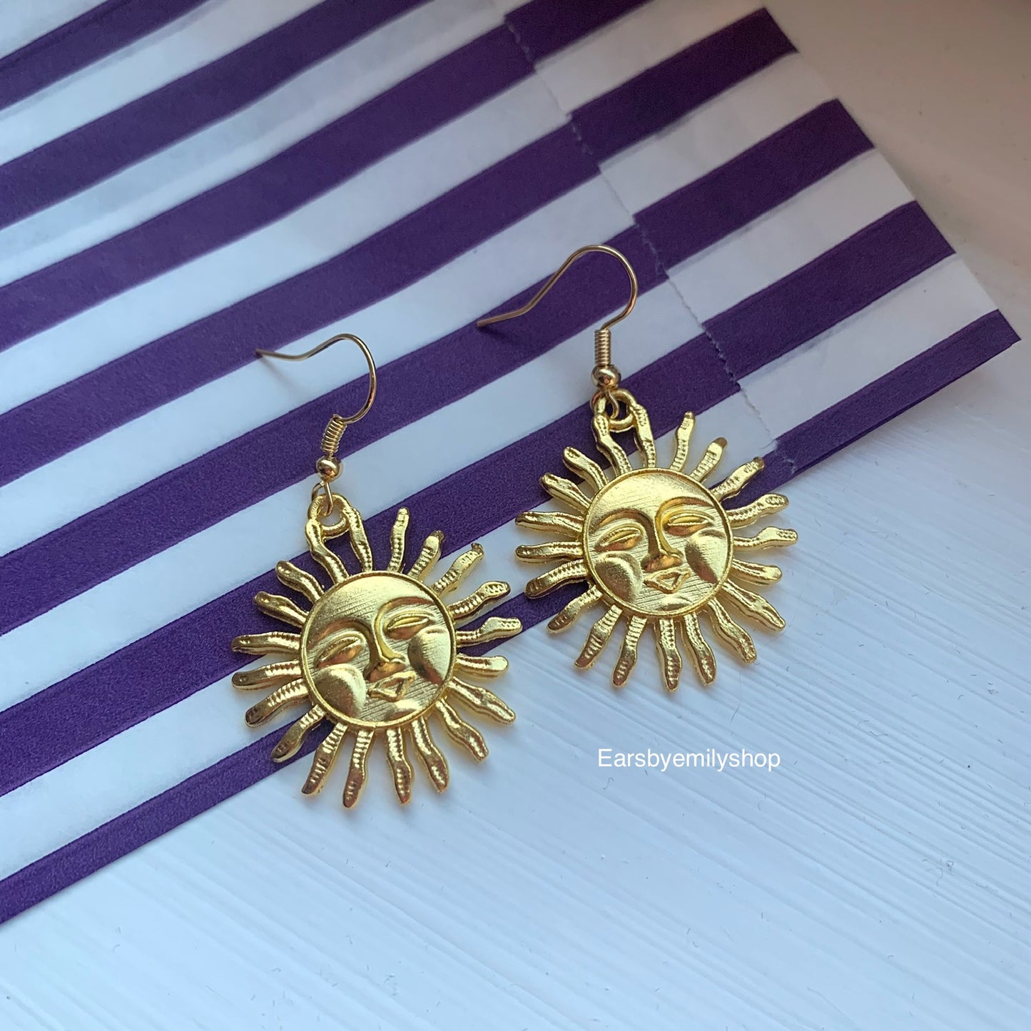 Silver or gold happy sun dangle earrings