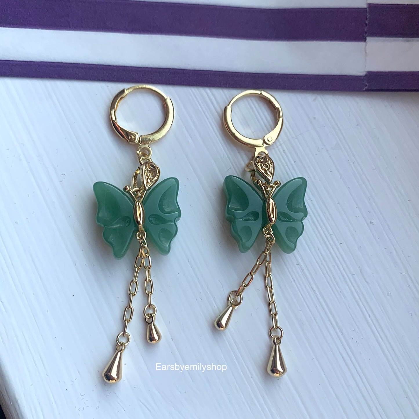 Green butterfly gold plated hoop earrings