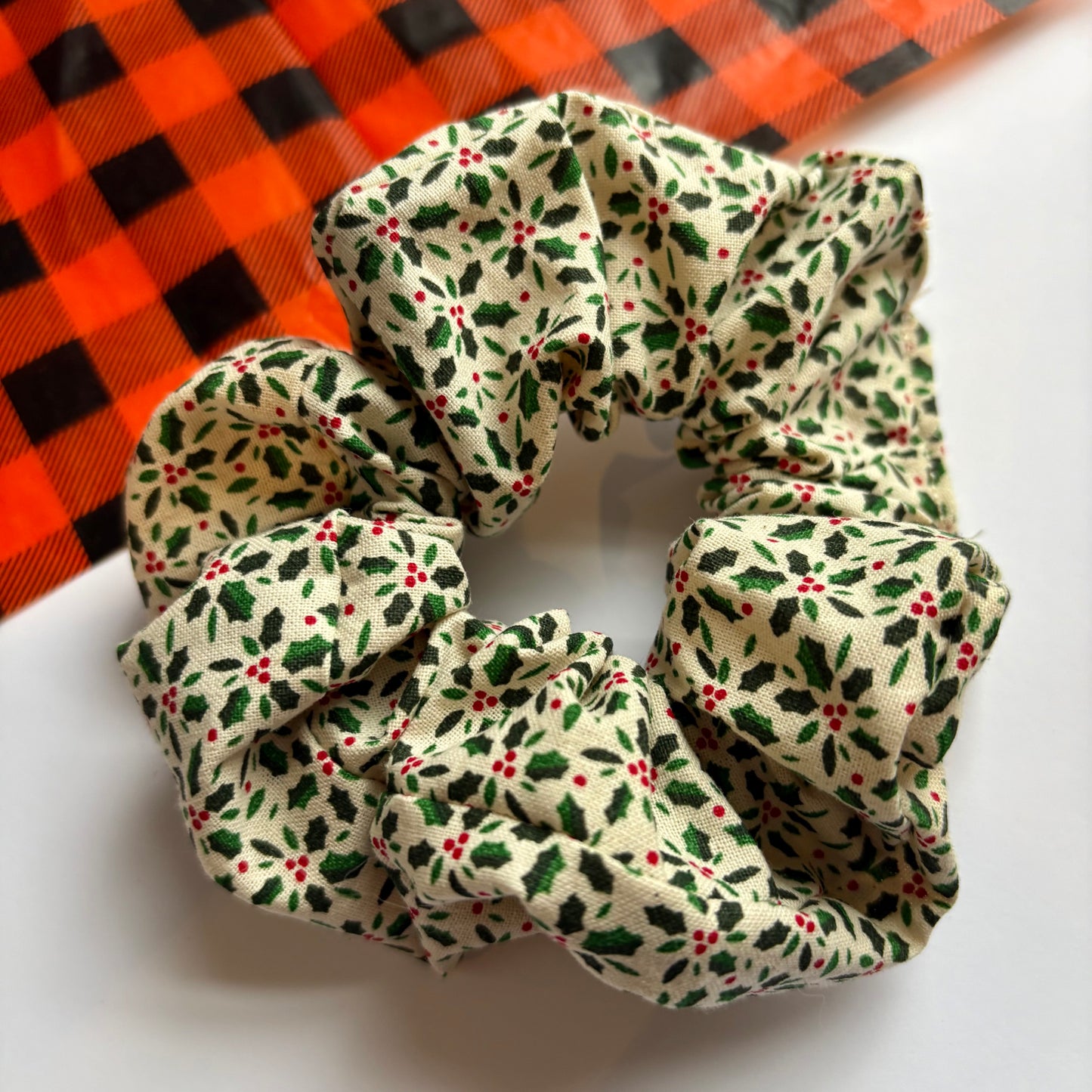 Large Christmas cream holly cotton scrunchie hair tie