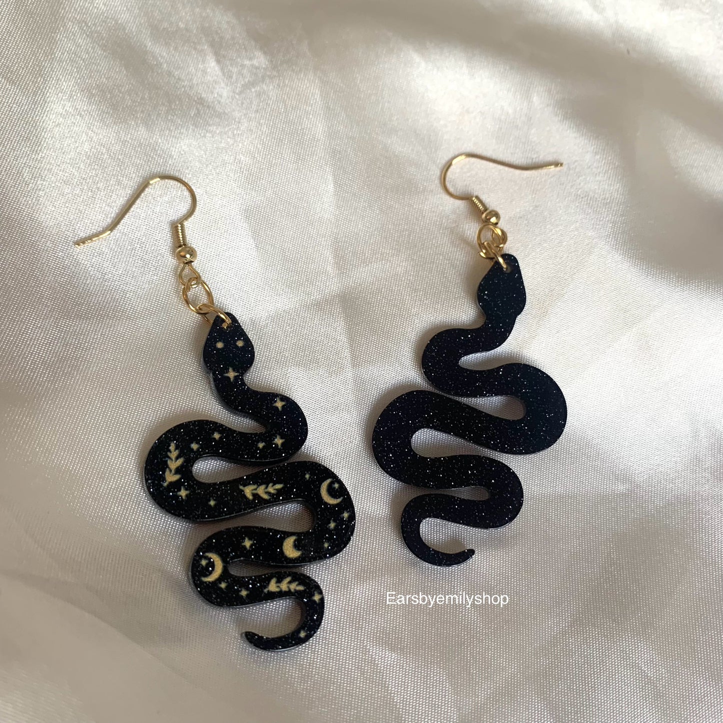 Black sparkle glitter snake earrings gold plated