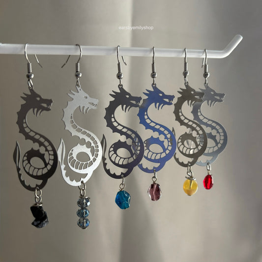 Stainless steel fantasy dragon dangle earrings with colourful bead