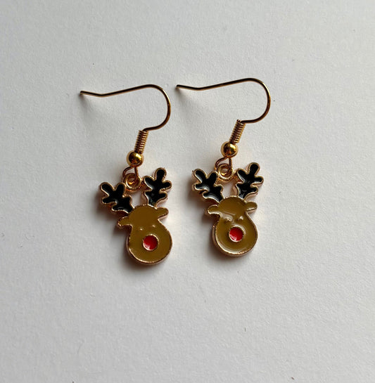 Brown reindeer gold dangle christmas earrings