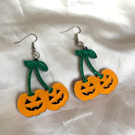 Statement pumpkin cherry glitter drop earrings