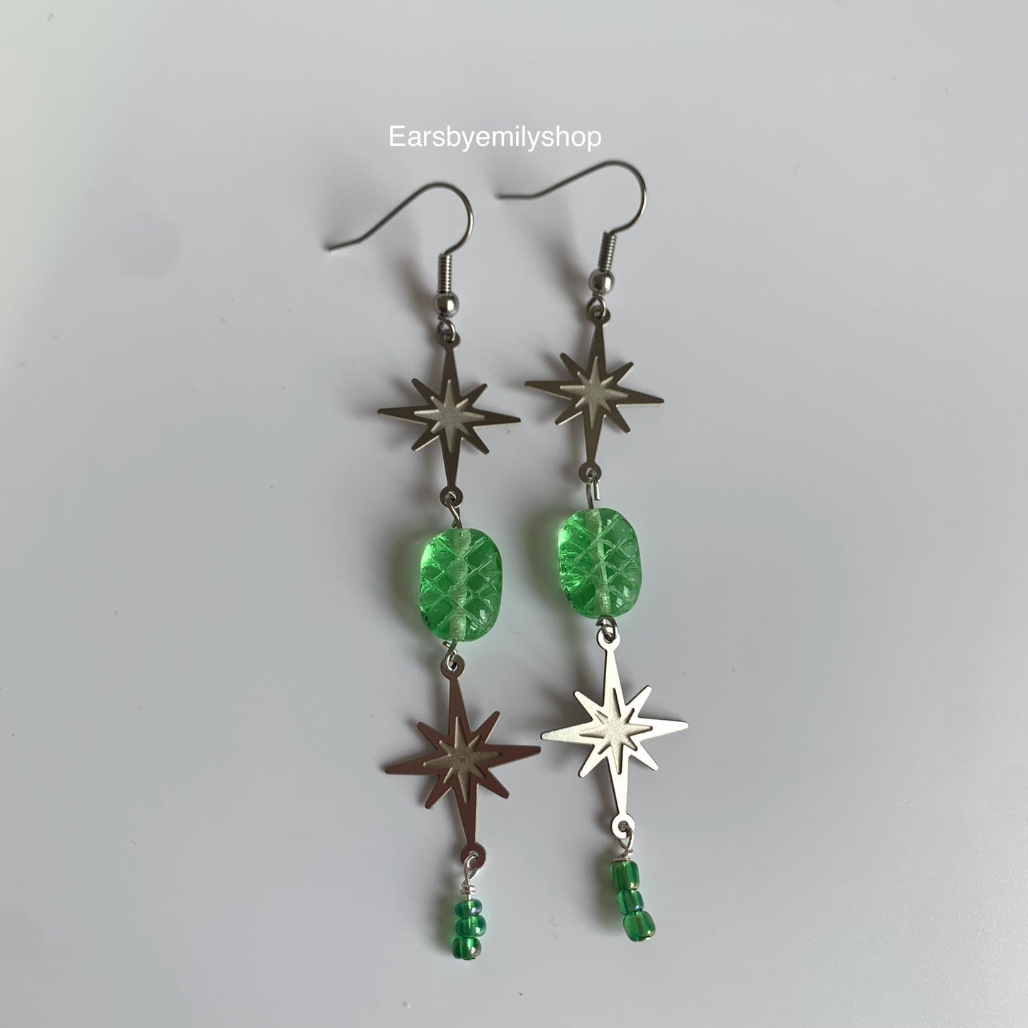 Stainless steel star and green bead statement dangle earrings