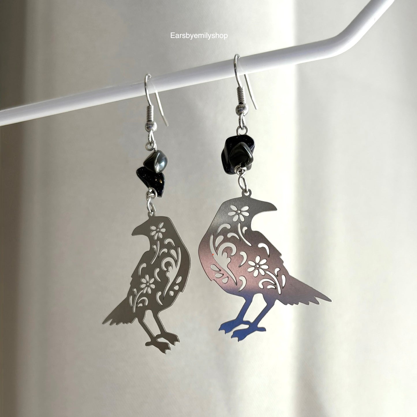 Stainless steel silver floral crow dangle hypoallergenic earrings with black crystals