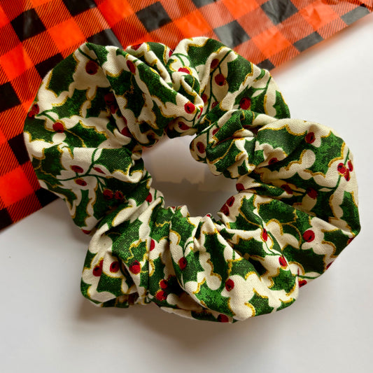 Cool large glitter holly plant Christmas scrunchie with gold glitter