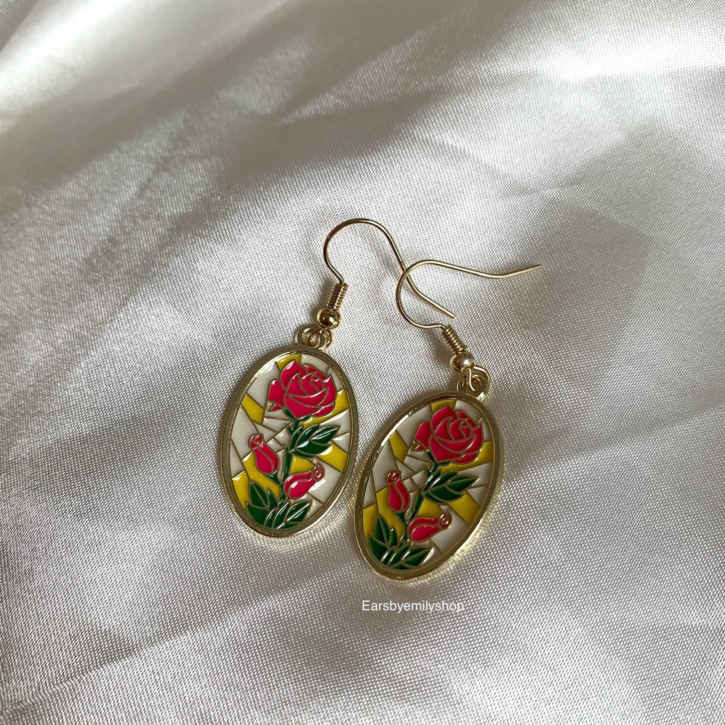 Yellow and pink rose oval mosaic gold dangle earrings