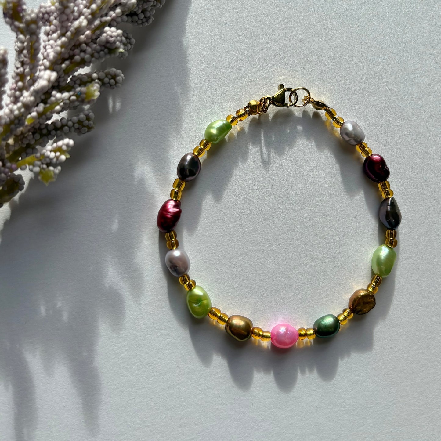 The Nerida bracelet - colourful fresh water pearls handmade beaded gold plated
