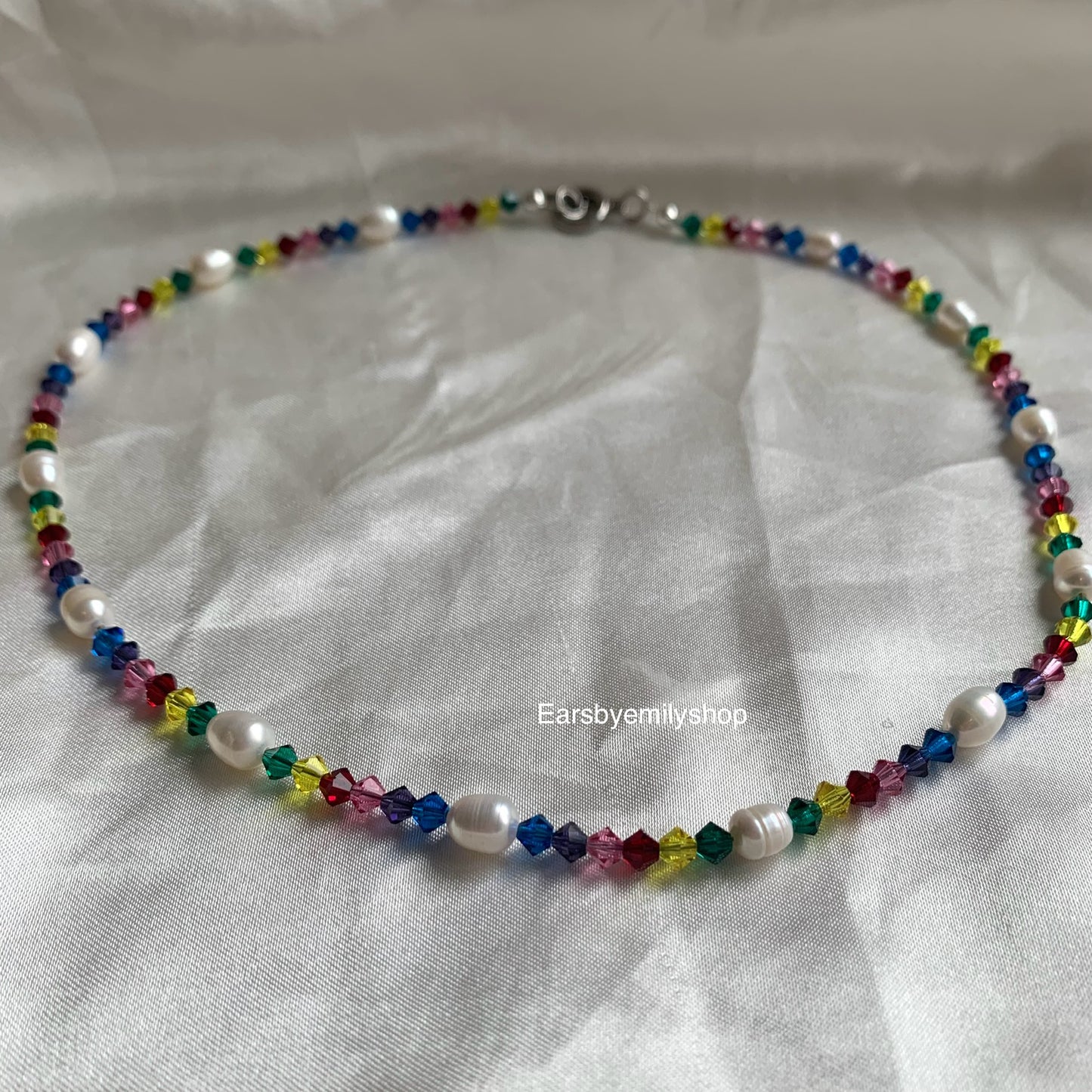 Rainbow crystal beaded freshwater pearl 24kt gold plated necklace