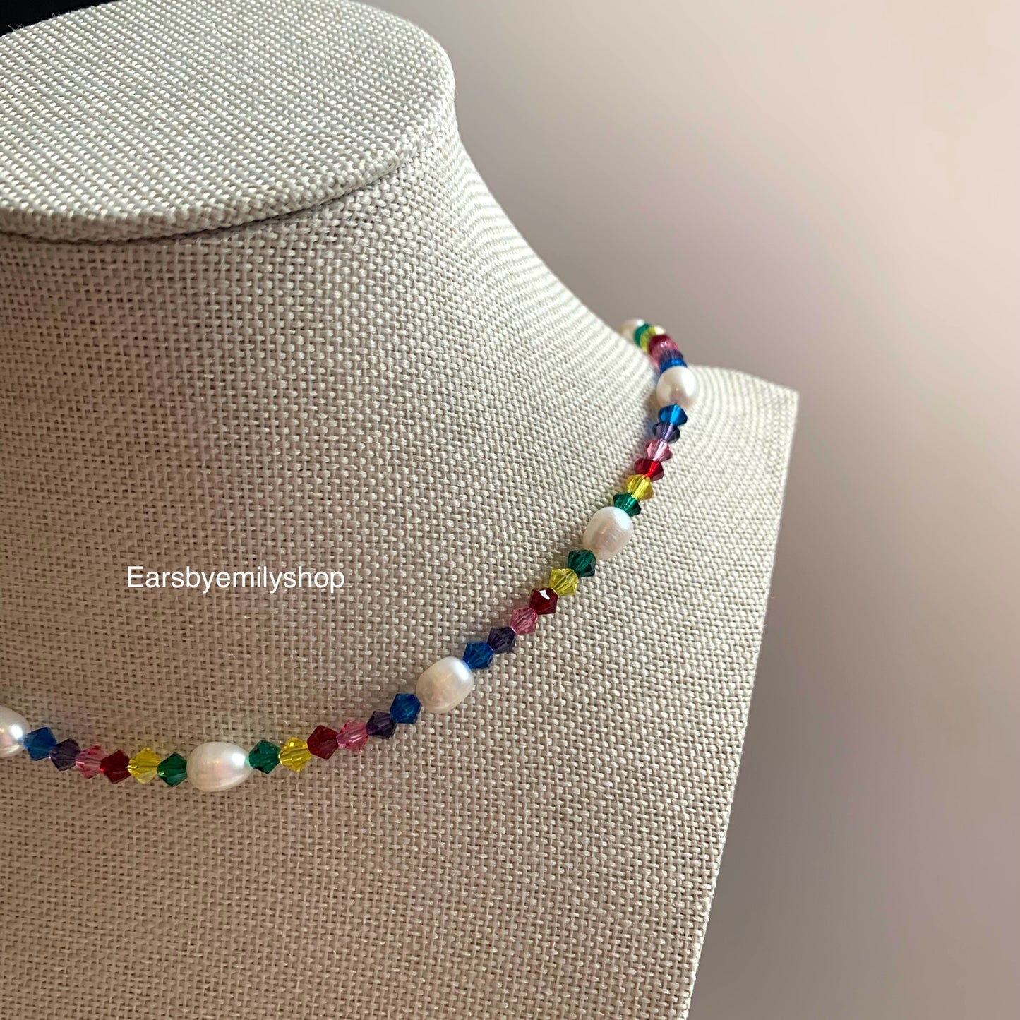 Rainbow crystal beaded freshwater pearl 24kt gold plated necklace