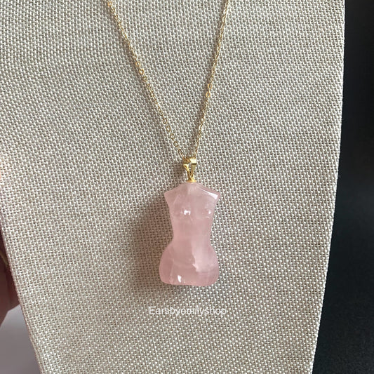 Gold plated pink rose quartz crystal woman female body necklace