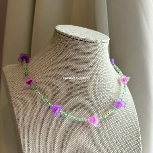 Handmade beaded pink purple and green flower choker necklace