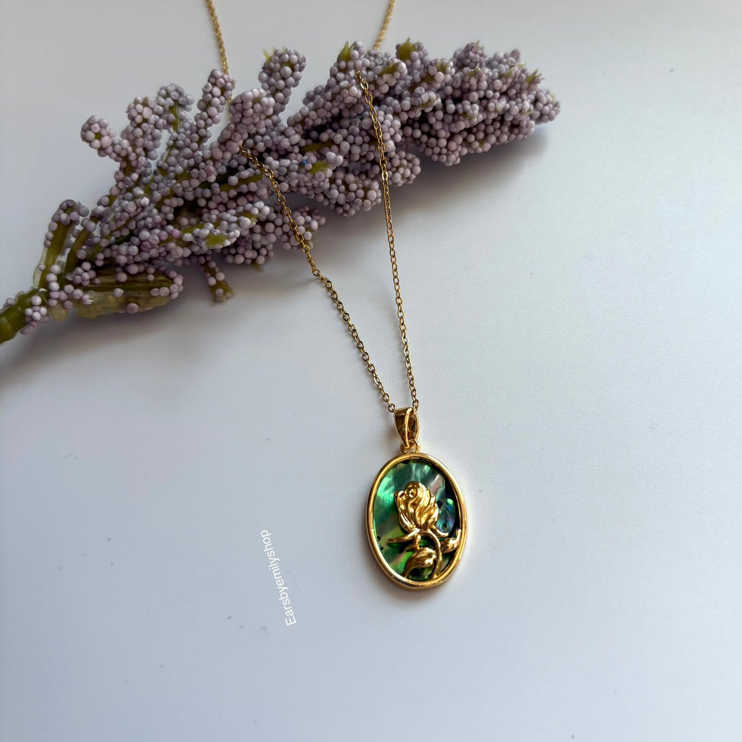 18k gold plated abalone mother of pearl rose flower necklace