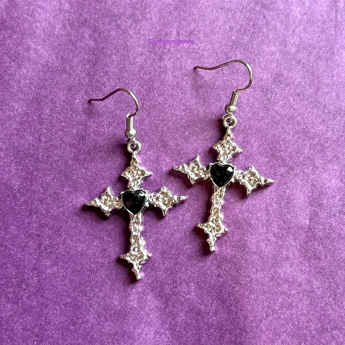 Cool silver with black heart cross drop dangle earrings on hypoallergenic surgical steel hooks