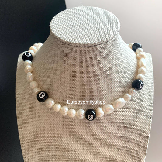 Lucky freshwater pearl and eight 8 ball choker necklace