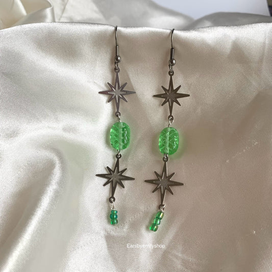 Stainless steel star and green bead statement dangle earrings