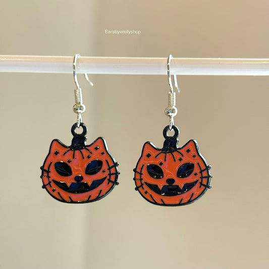 Cool orange pumpkin cat Halloween earrings on hypoallergenic surgical steel hooks
