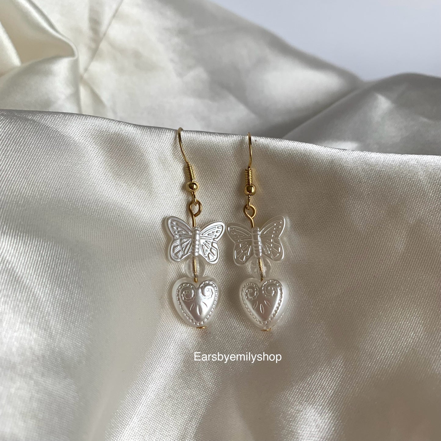 Cool white handmade heart and butterfly bead dangle gold plated or surgical steel silver hook earrings