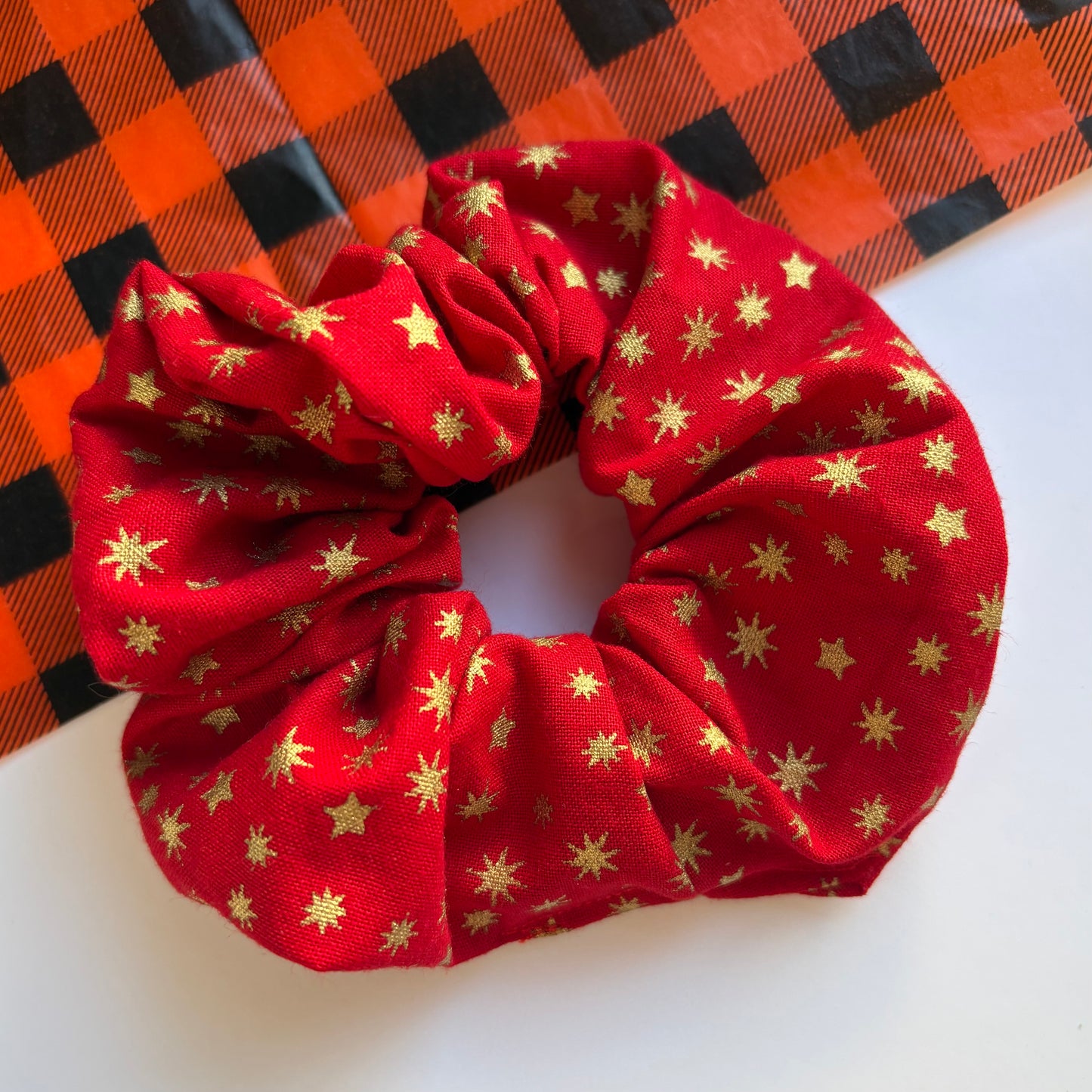 Green or red with gold glitter star Christmas large cotton scrunchie