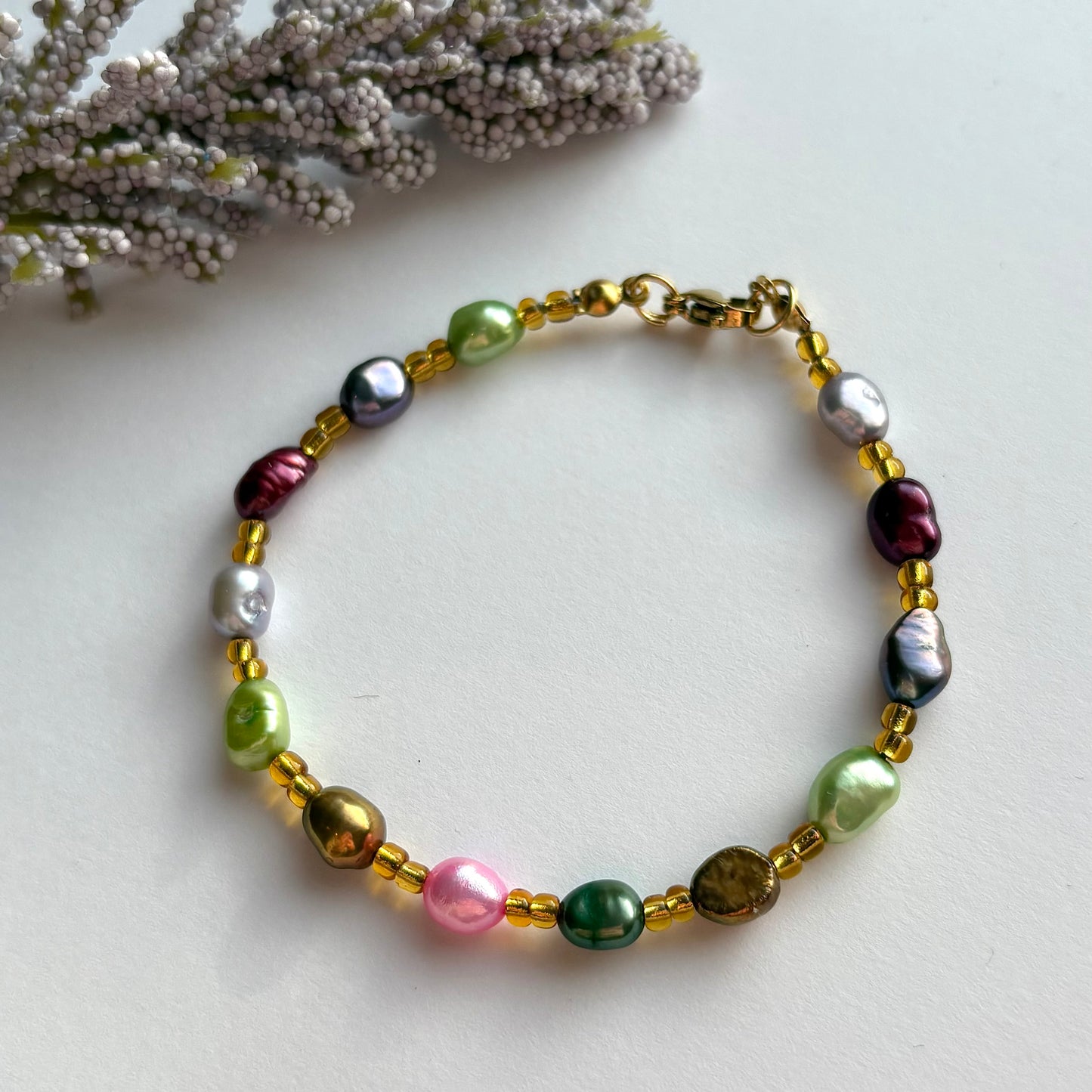 The Nerida bracelet - colourful fresh water pearls handmade beaded gold plated