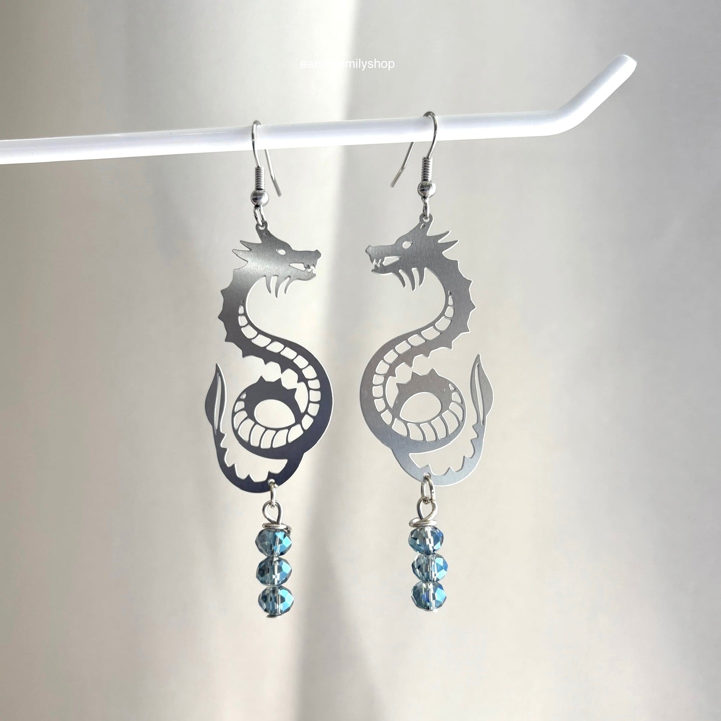 Stainless steel fantasy dragon dangle earrings with colourful bead