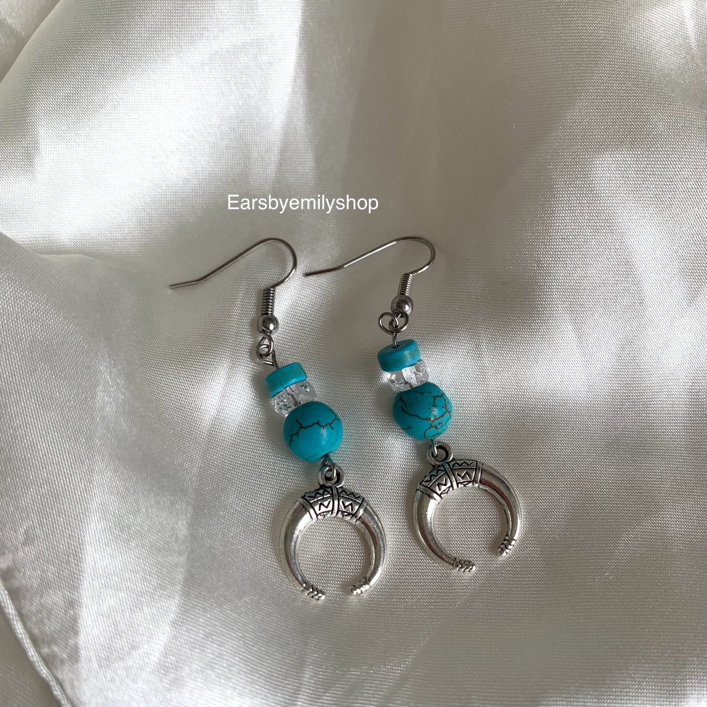 Cool silver moon with turquoise blue bead western dangle hypoallergenic earrings