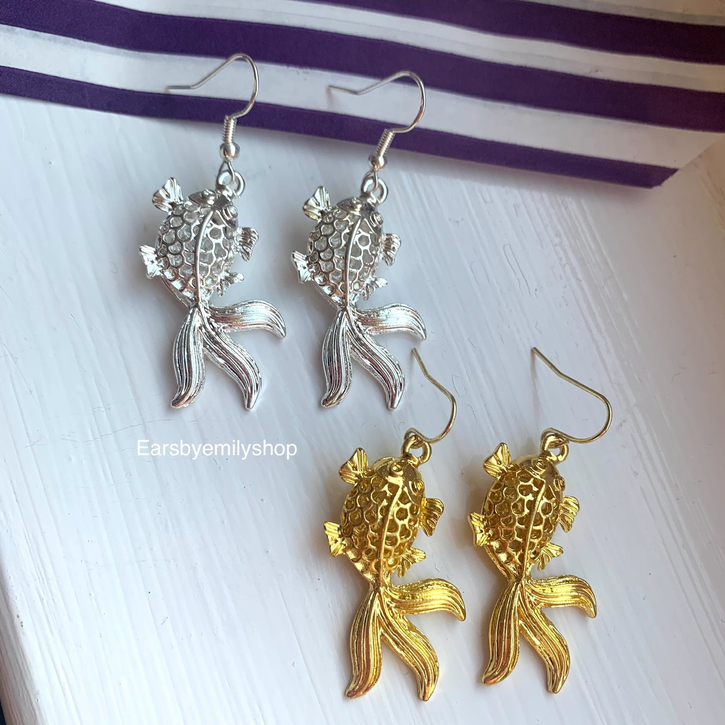 Metallic silver or gold fish earrings