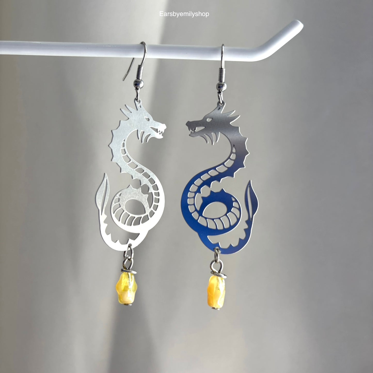 Stainless steel fantasy dragon dangle earrings with colourful bead