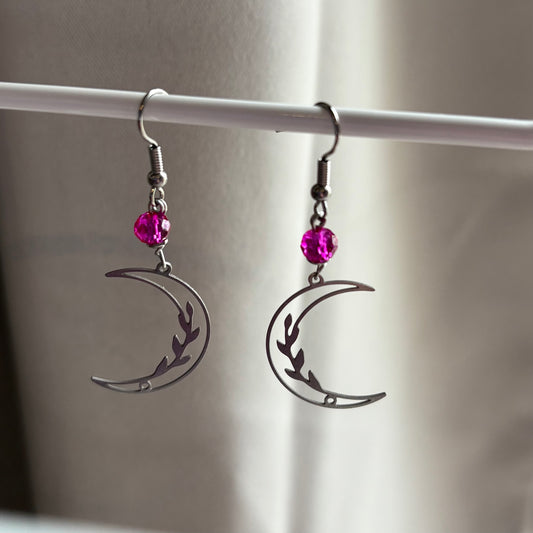 Stainless steel silver flower moon dangle earrings with pink bead