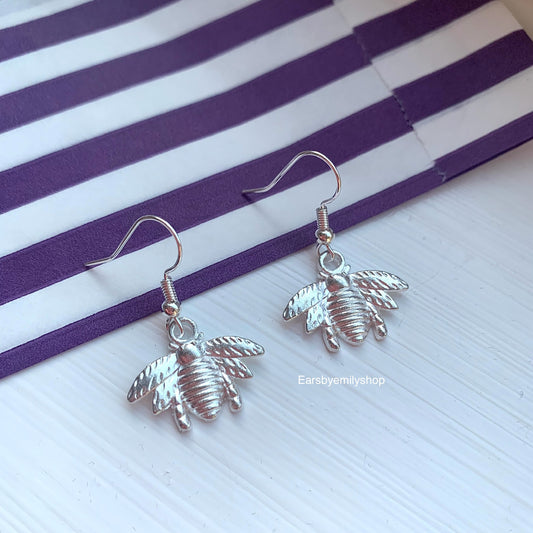 Silver bumble bee dangle earrings